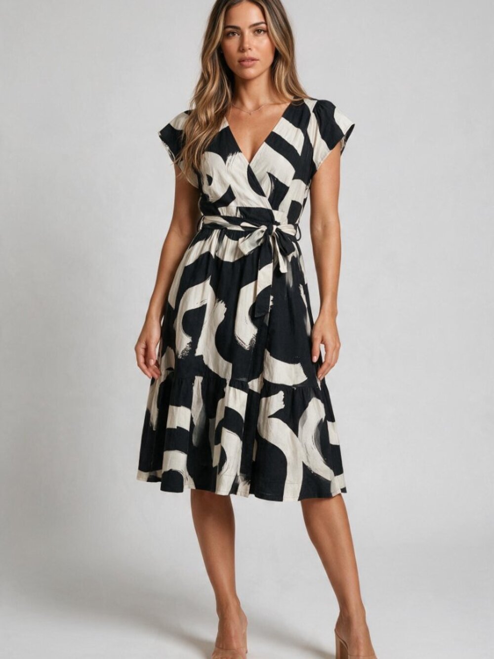 Maeve Anthropologie Tiered Midi Dress 8 Black White Abstract Brushstroke Pockets